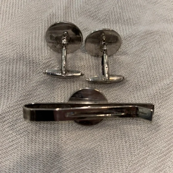 Antique Sterling Silver Black Onyx Saltwater‎ Akoya Pearl Cufflinks and Tie Clip